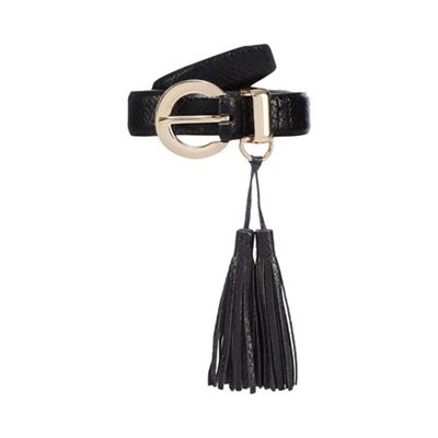 Black faux snakeskin double tassel belt
